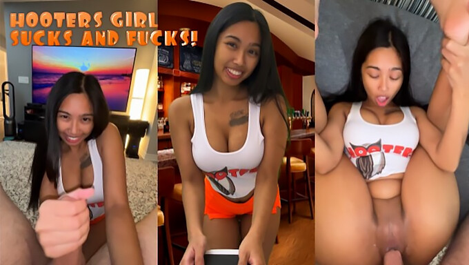 Asiatiske Hooters Servitør Blir Knullet I Cowgirl-Stilling!